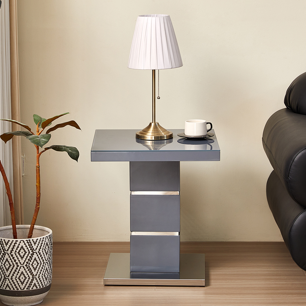 Parini High Gloss Lamp Table In Grey With Glass Top