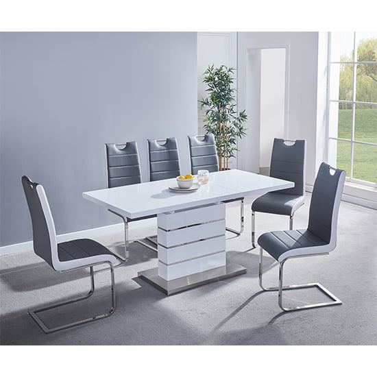 Photo of Parini extending white dining table 6 petra grey white chairs