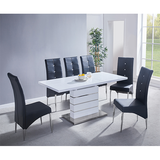 Photo of Parini extending white gloss dining table 6 vesta black chairs