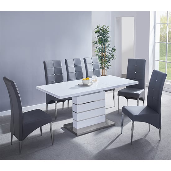 Read more about Parini extending white gloss dining table 6 vesta grey chairs