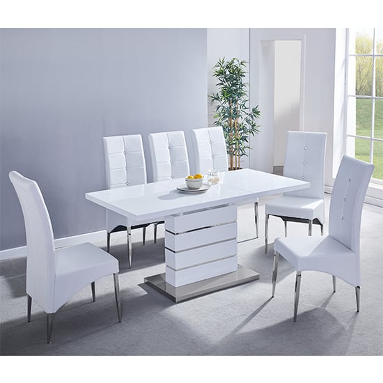 Photo of Parini extending white gloss dining table 6 vesta white chairs