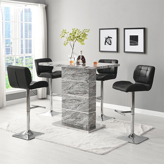 Read more about Parini melange marble effect bar table 4 candid black stools