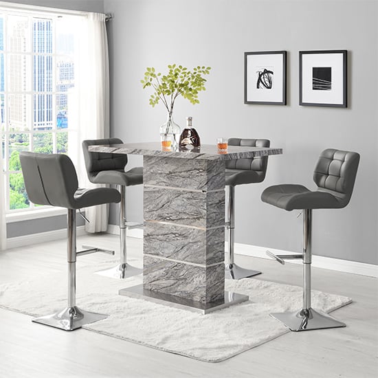 Read more about Parini melange marble effect bar table 4 candid grey stools