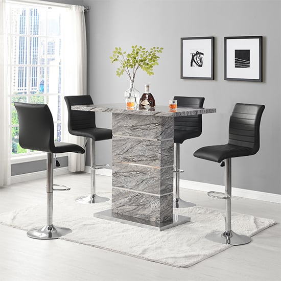 Product photograph of Parini Melange Marble Effect Bar Table 4 Ripple Black Stools from Furniture in Fashion