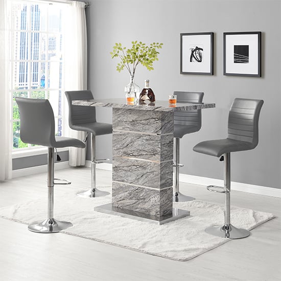 Product photograph of Parini Melange Marble Effect Bar Table 4 Ripple Grey Stools from Furniture in Fashion