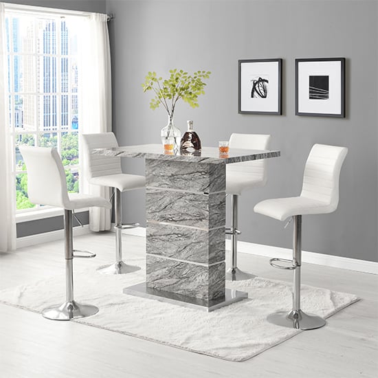 Product photograph of Parini Melange Marble Effect Bar Table 4 Ripple White Stools from Furniture in Fashion