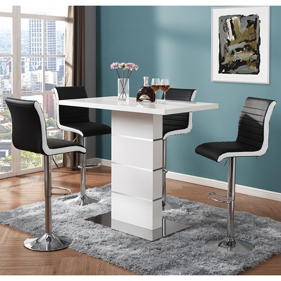 Product photograph of Parini White Gloss Bar Table 4 Ritz Black White Stools from Furniture in Fashion