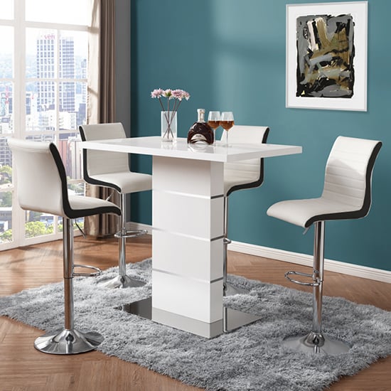 Read more about Parini white gloss bar table with 4 ritz white black stools