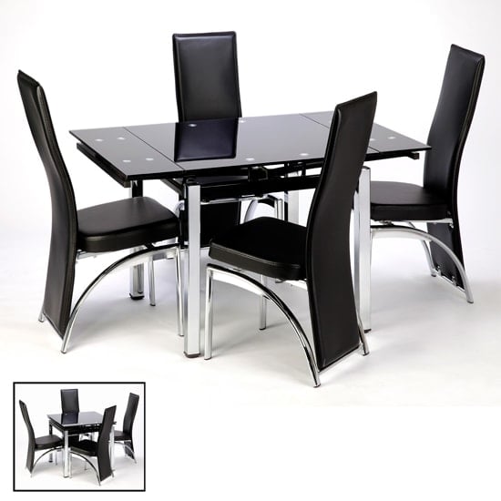 View Paris extendable glass dining table in black and 4 romeo chairs