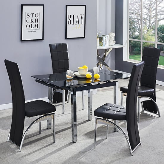 Photo of Paris extending black glass dining table 4 ravenna black chairs