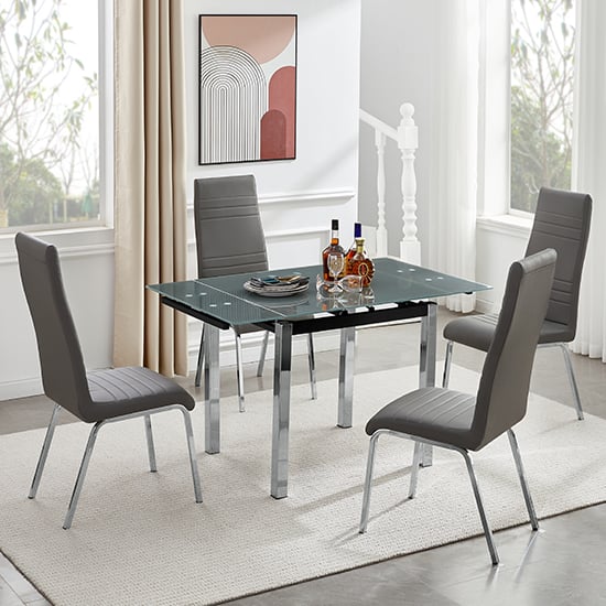 Product photograph of Paris Extending Grey Glass Dining Table With 4 Dora Grey Chairs from Furniture in Fashion