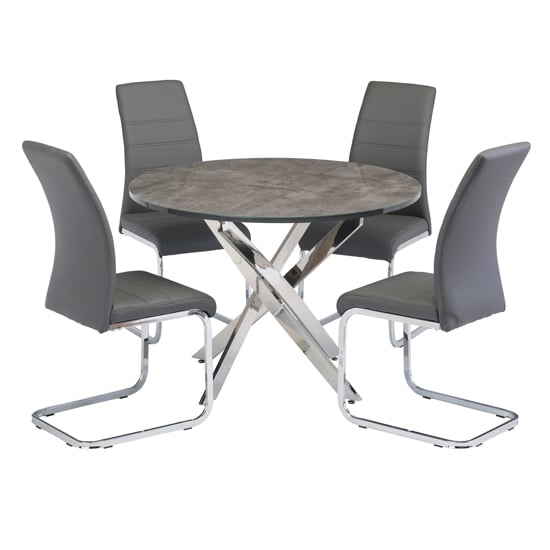 Paroz Round Grey Glass Dining Table With 4 Sako Grey Chairs_1