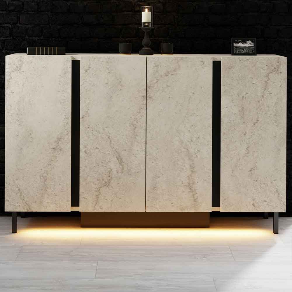 Paris Wooden LED Sideboard with 4 Doors in Travertine Marble Effect