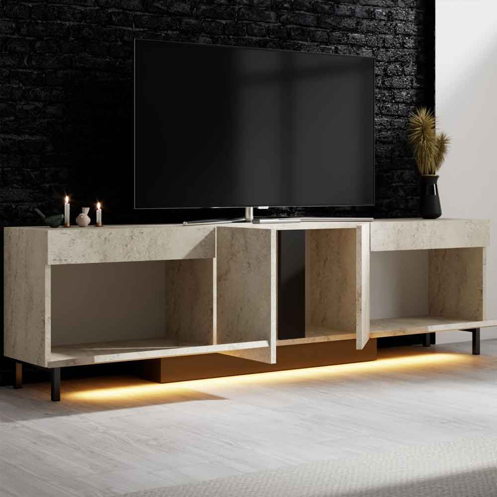 Paris Wooden LED TV Stand with 4 Doors in Travertine Marble Effect