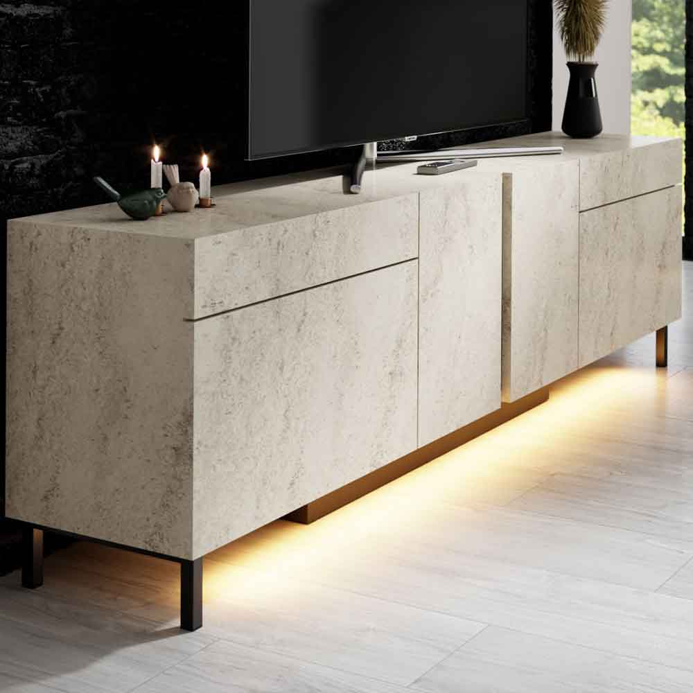 Paris Wooden LED TV Stand with 4 Doors in Travertine Marble Effect