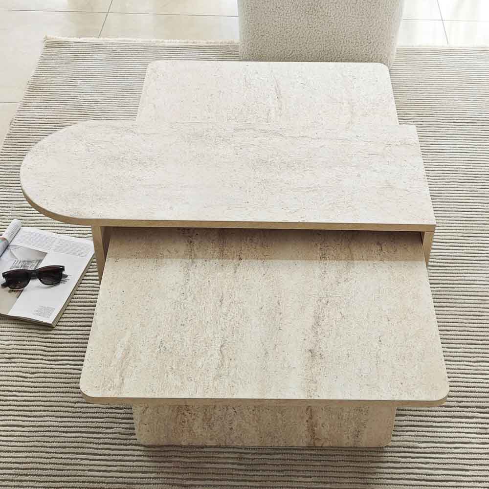Paris Wooden Nesting Coffee Tables in Travertine Marble Effect