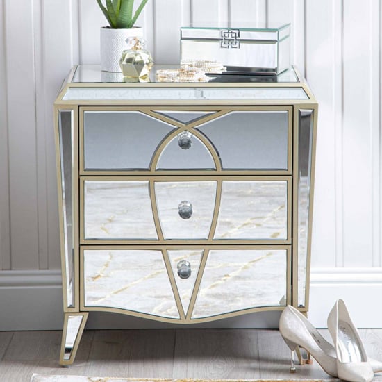 Parker Mirrored Bedside Cabinet With 3 Drawers In Champagne