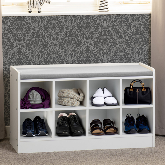 Parnu Shoe Storage Bench In White With Steel Fabric Seat