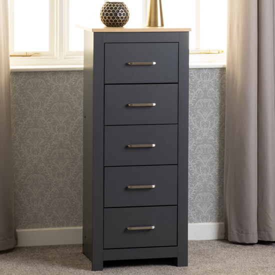 Read more about Parnu wooden chest of 5 drawers narrow in grey and oak