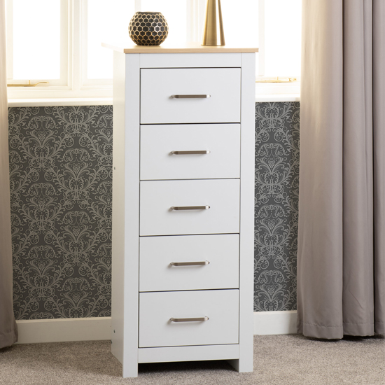 Read more about Parnu wooden chest of 5 drawers narrow in white and oak