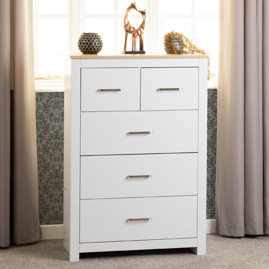 Read more about Parnu wooden chest of 5 drawers in white and oak