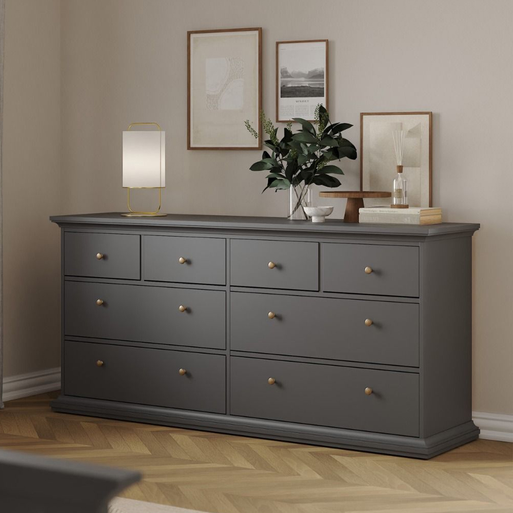 Paroya Wide Wooden Chest Of 8 Drawers In Matt Grey