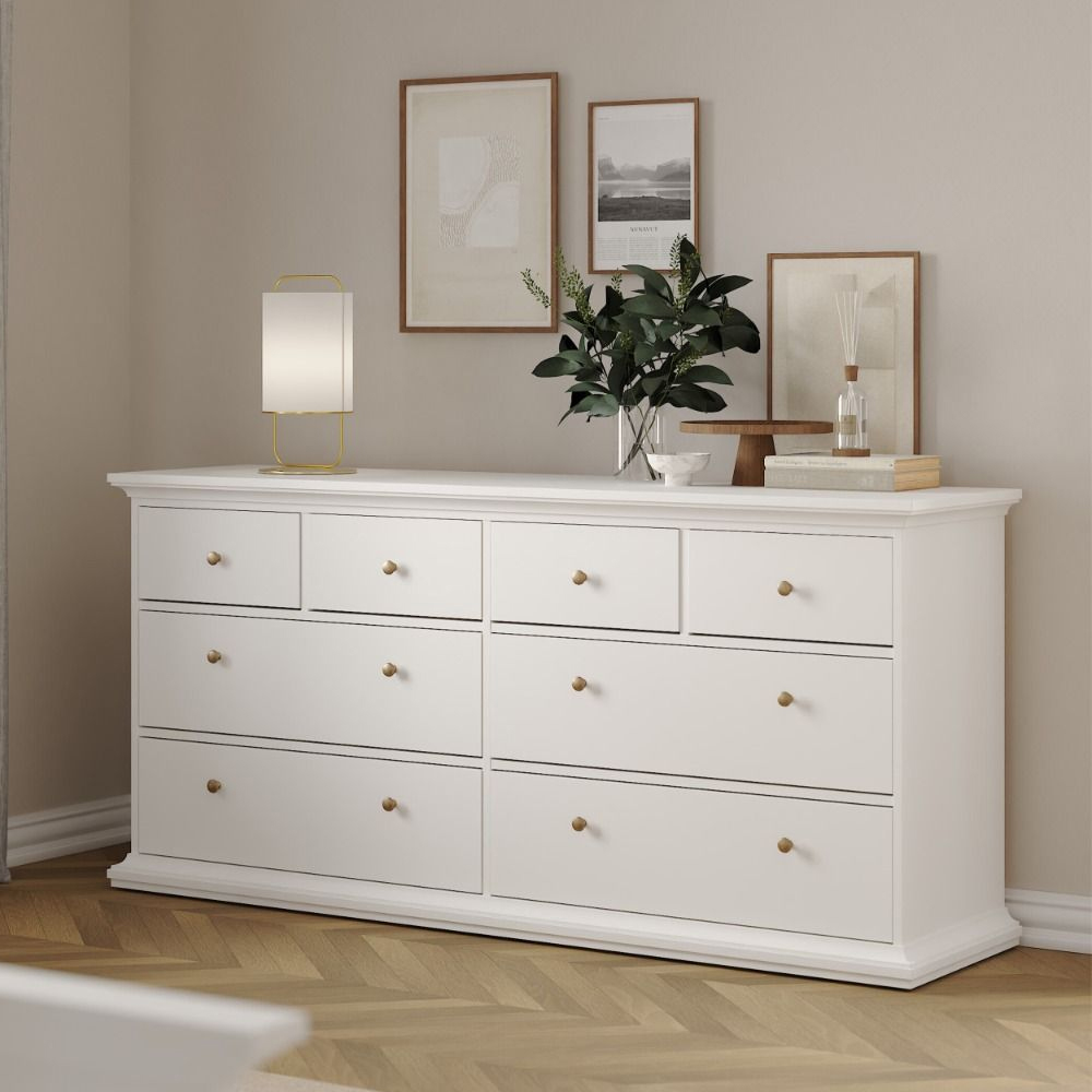 Paroya Wide Wooden Chest Of 8 Drawers In White