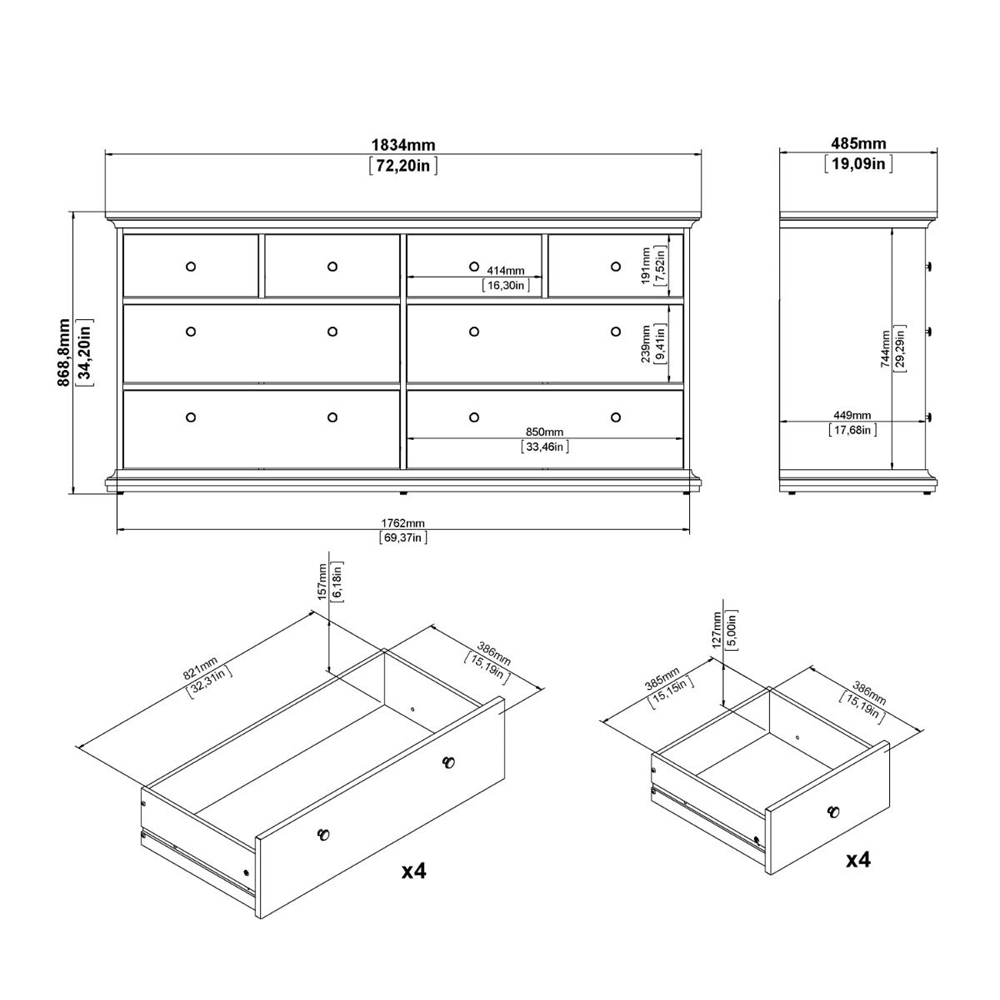 Paroya Wide Wooden Chest Of 8 Drawers In White