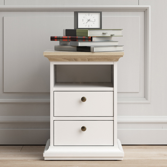 Photo of Paroya wooden 2 drawers bedside cabinet in white and oak