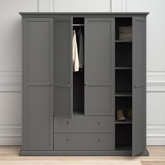 Product photograph of Paroya Wooden 4 Doors 2 Drawers Wardrobe In Matt Grey from Furniture in Fashion