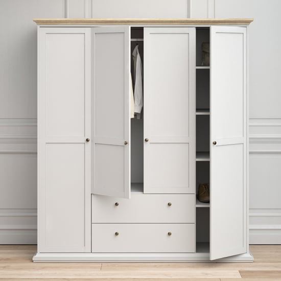 Photo of Paroya wooden 4 doors 2 drawers wardrobe in white and oak