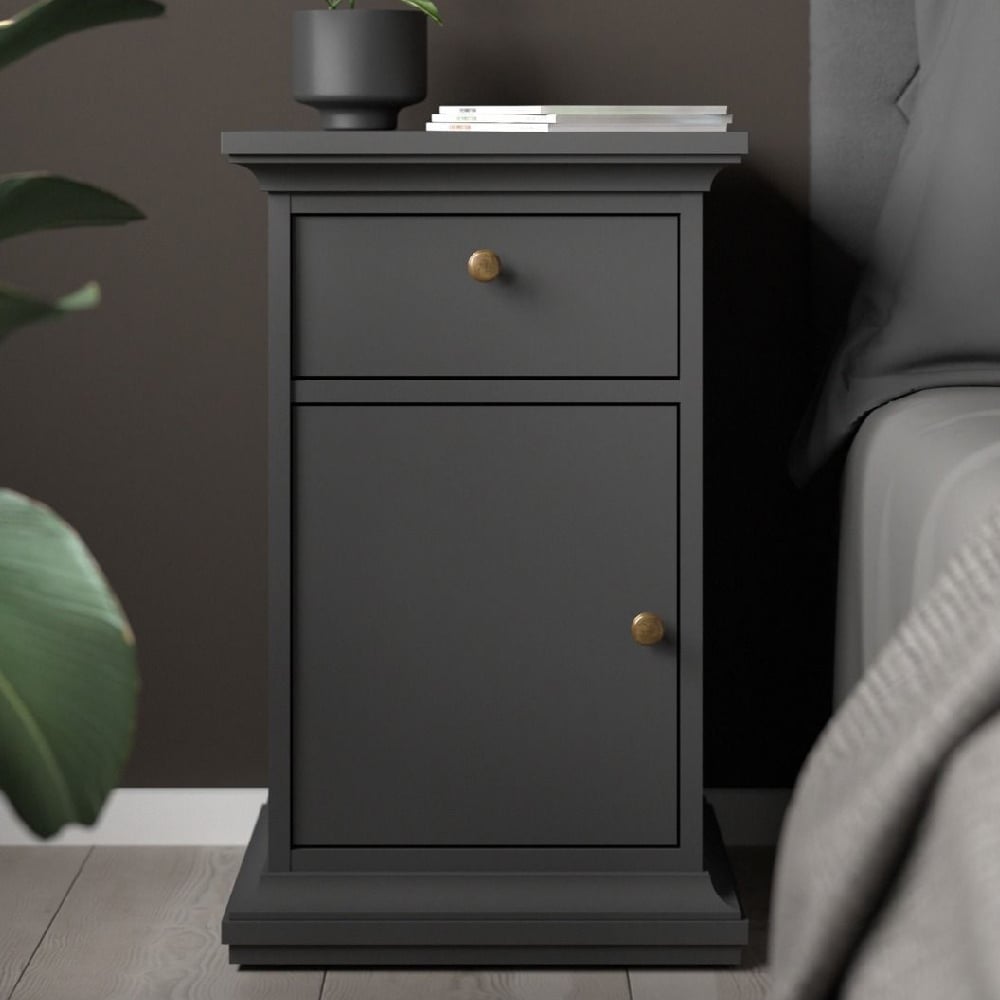 Read more about Paroya wooden bedside cabinet with 1 door 1 drawer in matt grey