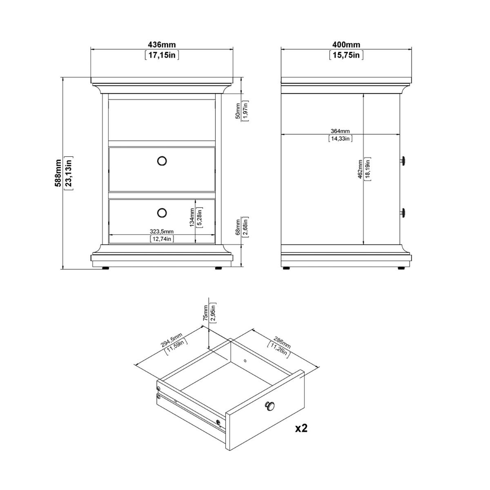Paroya Wooden Bedside Cabinet with 2 Drawers In Matt Grey