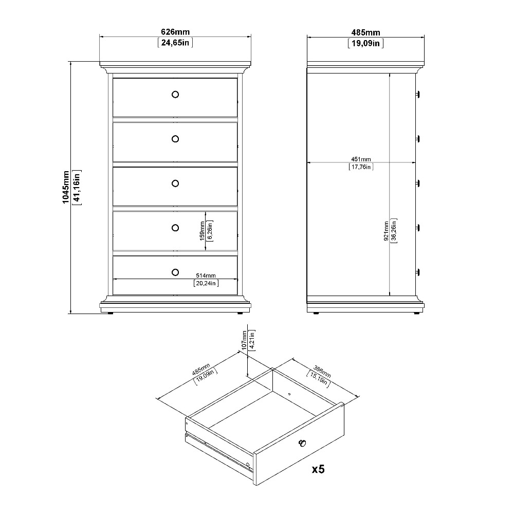 Paroya Wooden Chest Of 5 Drawers In Matt Grey