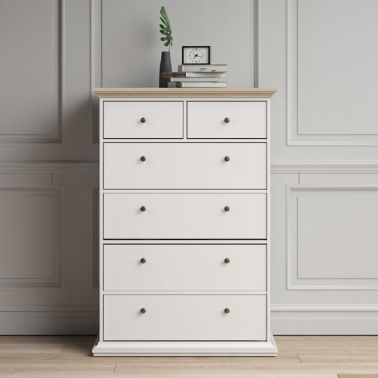 Photo of Paroya wooden chest of drawers in white and oak with 6 drawers