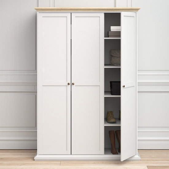 Product photograph of Paroya Wooden Triple Door Wardrobe In White And Oak from Furniture in Fashion