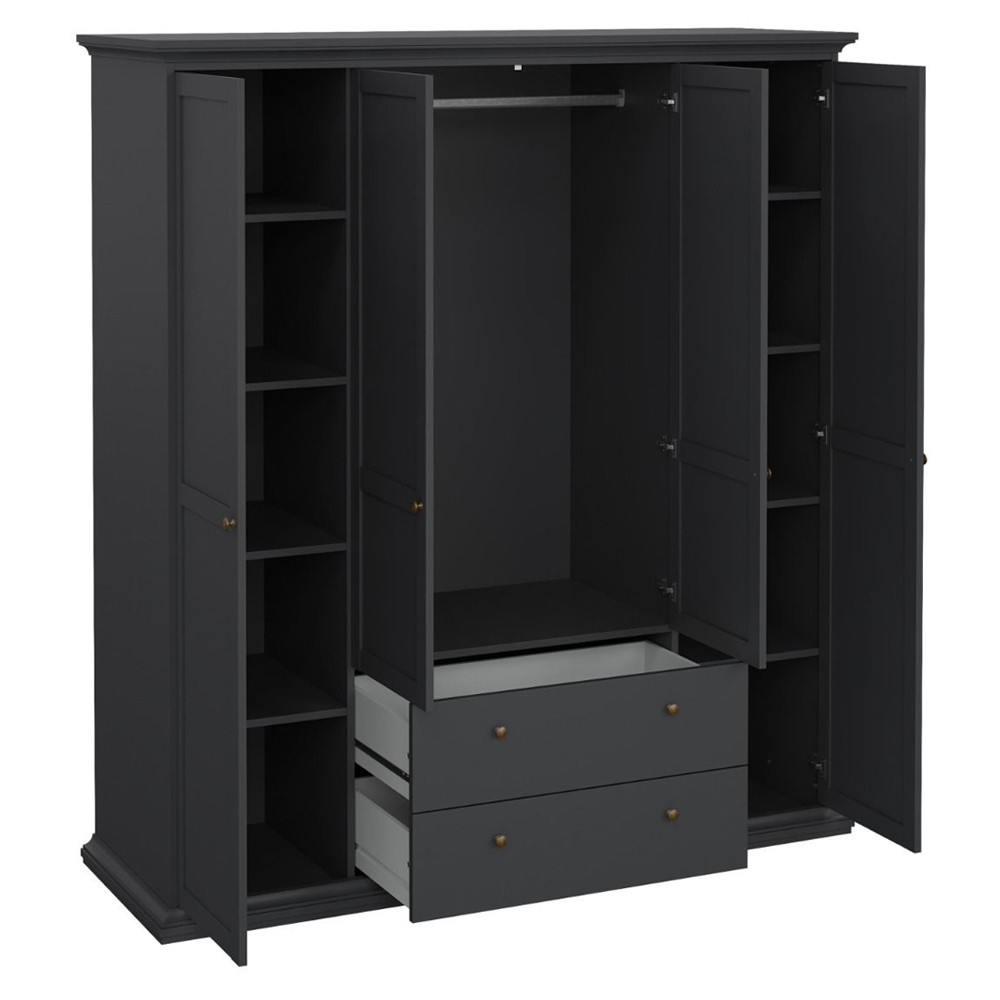 Paroya Wooden Wardrobe with 4 Doors 2 Drawers In Matt Grey