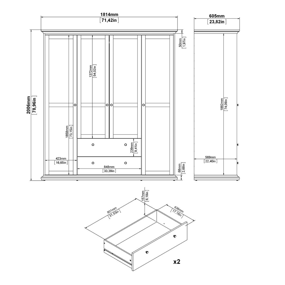 Paroya Wooden Wardrobe with 4 Doors 2 Drawers In Matt Grey