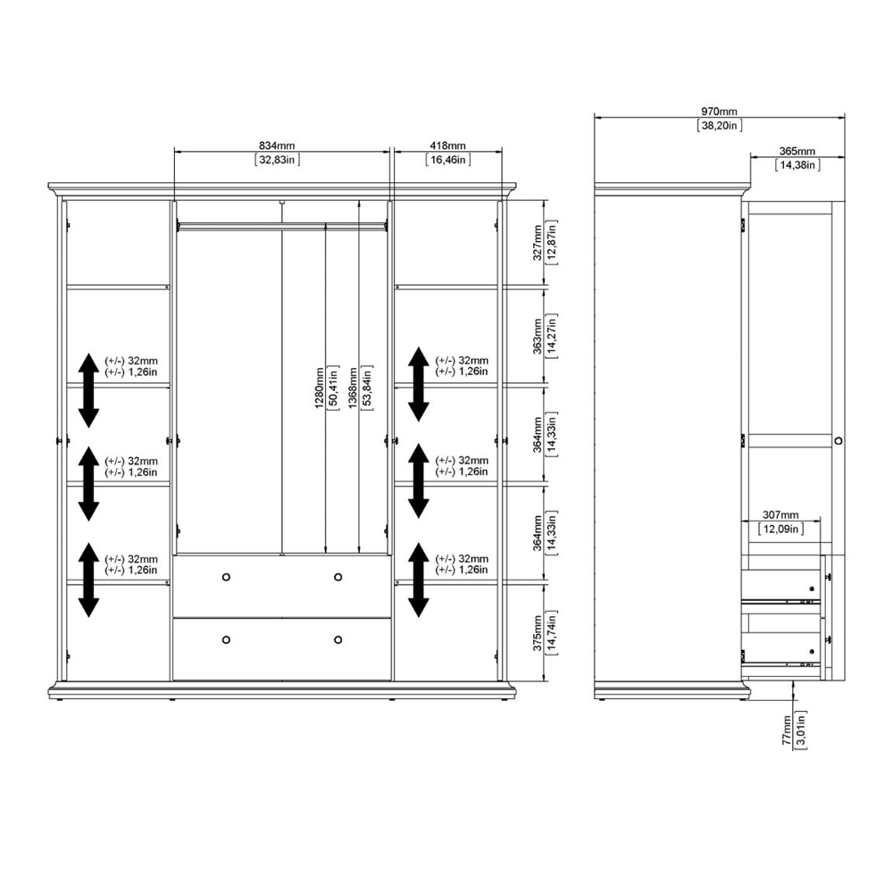 Paroya Wooden Wardrobe with 4 Doors 2 Drawers In Matt Grey