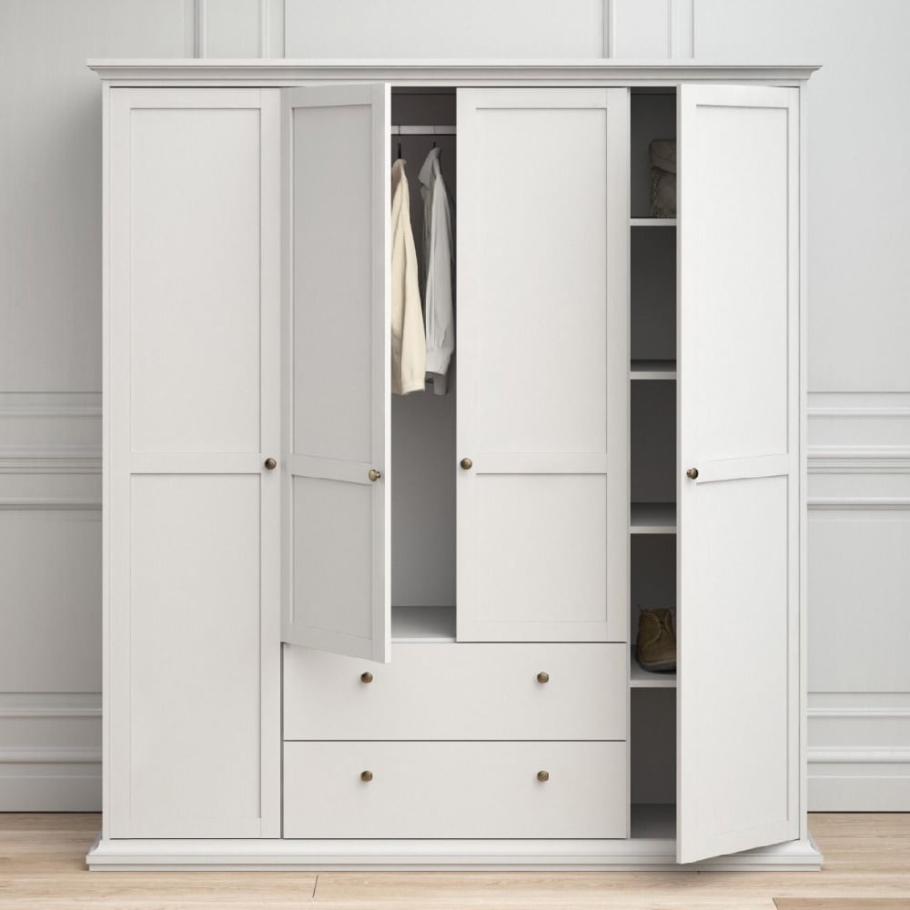 Read more about Paroya wooden wardrobe with 4 doors 2 drawers in white