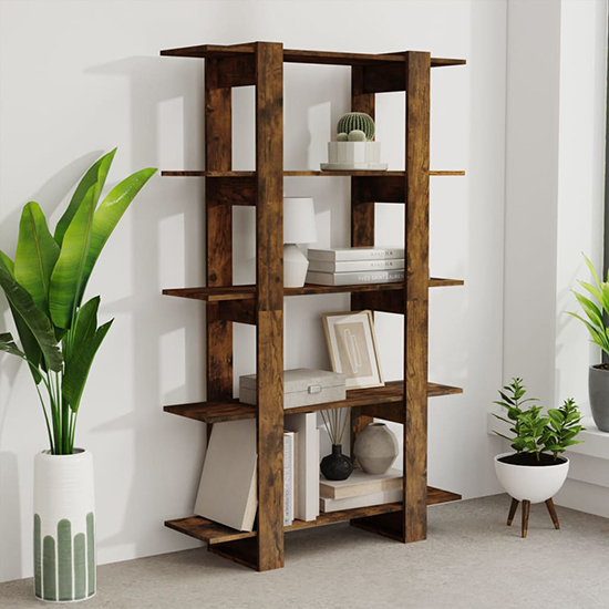 Parry Wooden Bookcase And Room Divider In Smoked Oak