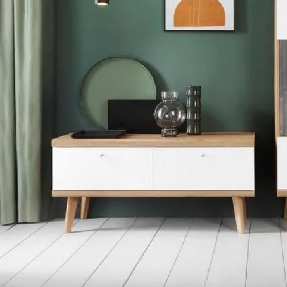 Read more about Pasco wooden tv stand with 2 flip doors in matt white and oak