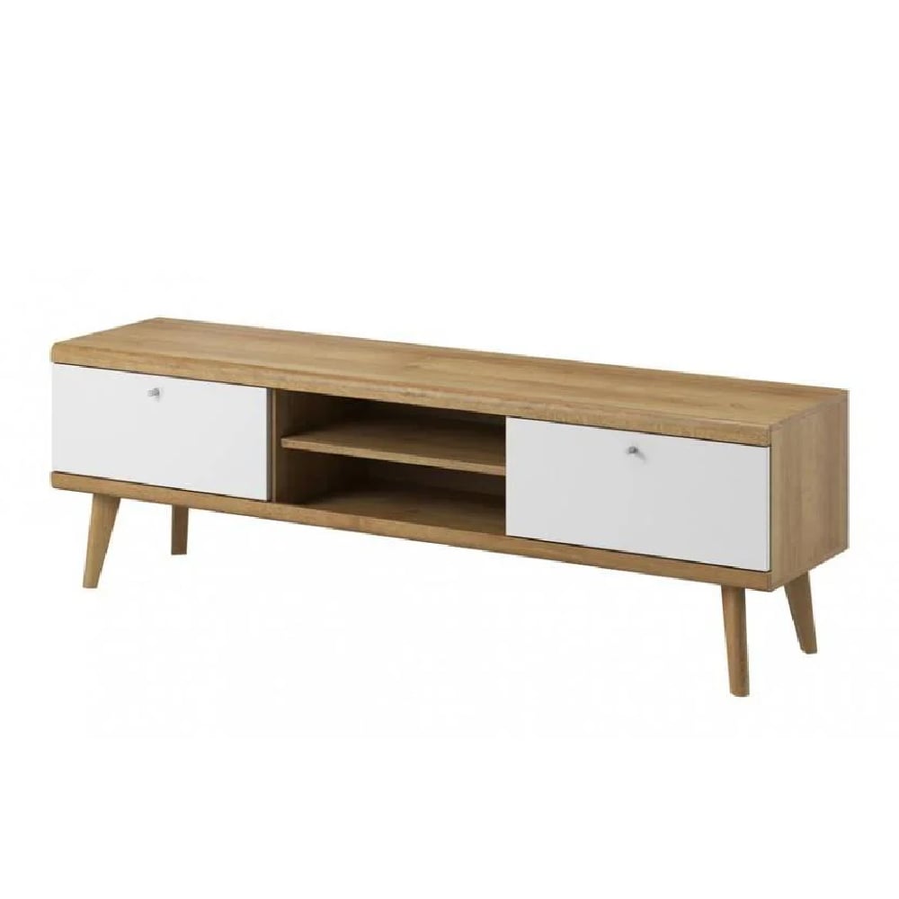 Read more about Pasco wooden tv stand with 2 shelves in matt white and oak