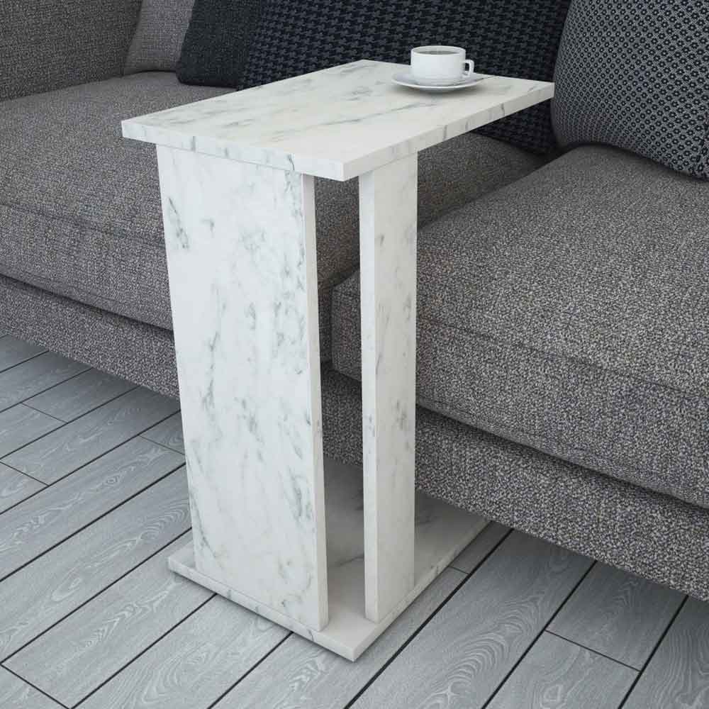 Pasific Wooden Side Table in White Marble Effect