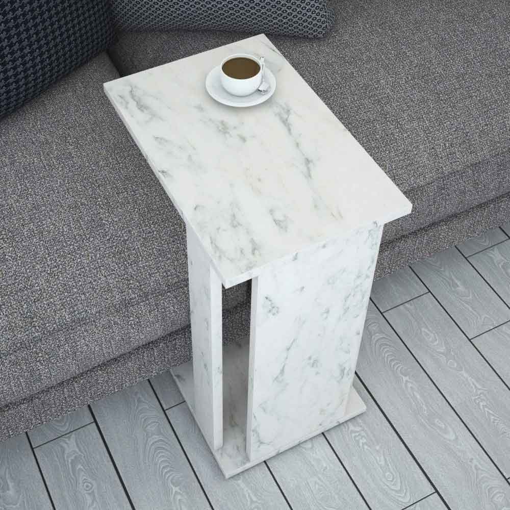 Pasific Wooden Side Table in White Marble Effect