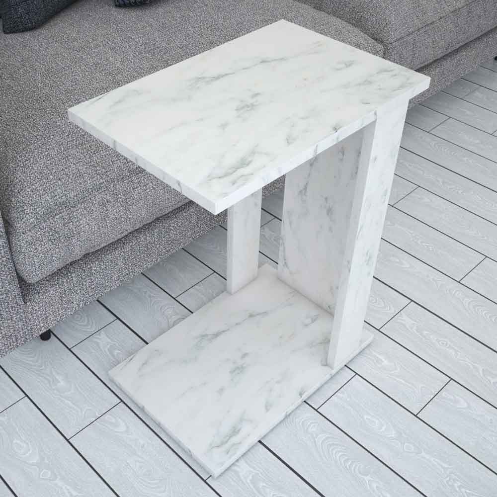 Pasific Wooden Side Table in White Marble Effect