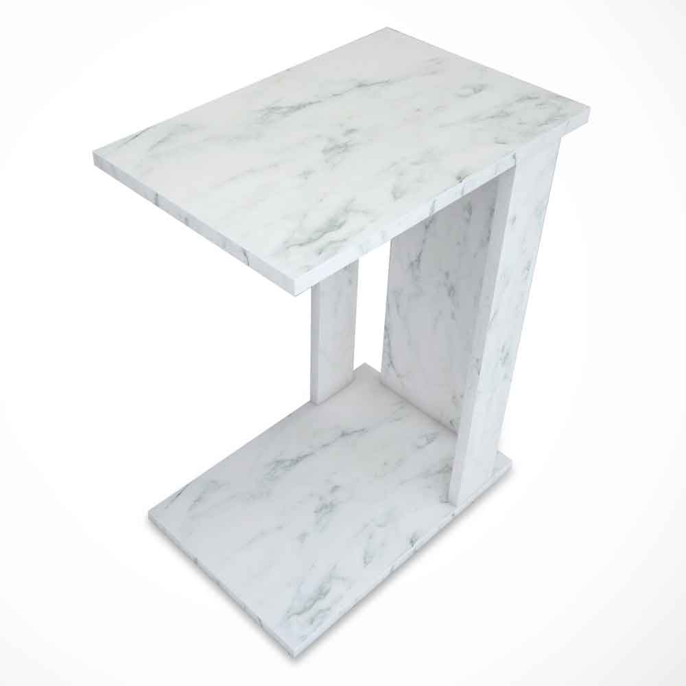 Pasific Wooden Side Table in White Marble Effect