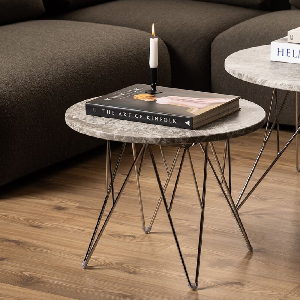 Read more about Patoka grey brown marble side table with chrome frame