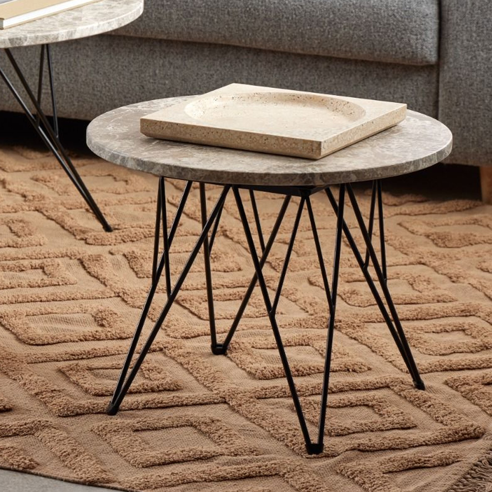 Patoka Marble Side Table With Black Legs In Grey