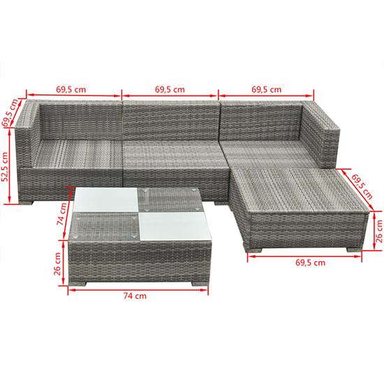 Paton Rattan 5 Piece Garden Lounge Set With Cushions In Grey